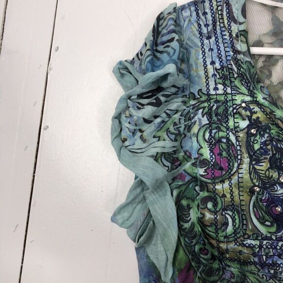 Unity World Wear Y2K Top Fitted Dyed Print Ruffle Cap Sleeve Womens L Stretchy - Picture 4 of 13